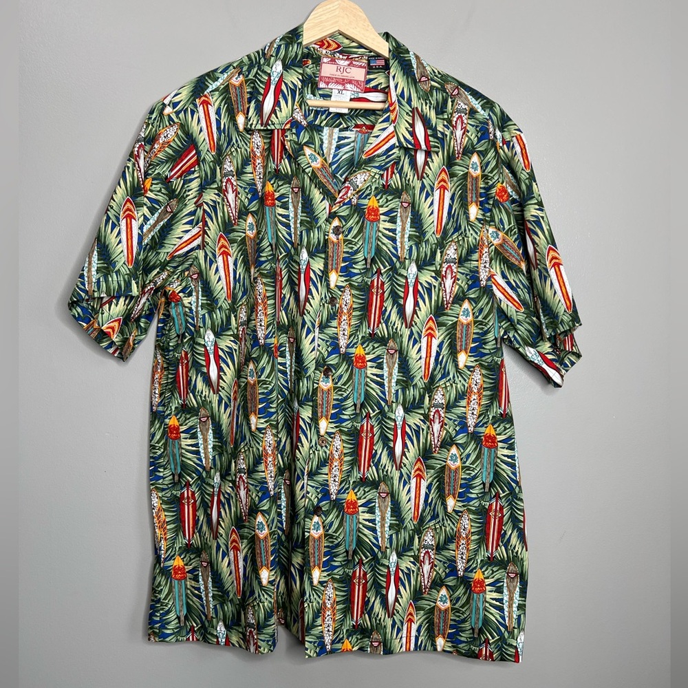 RJC made in Hawaii cotton button up‎ shirt surf board palm leaf  print vacation